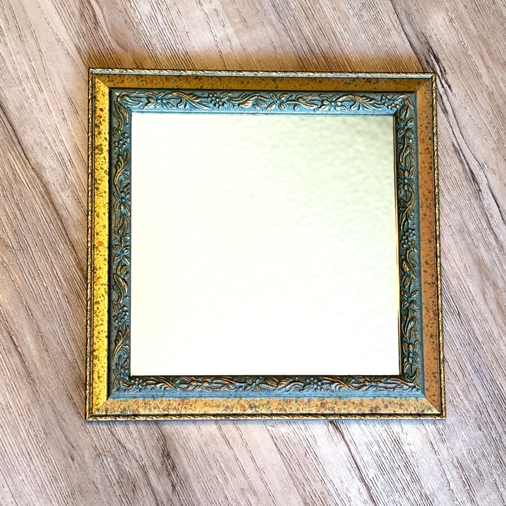 Vtg Ornate Square Wall Mirror Gold Verdigris Floral Scrollwork Frame 9.5in - Picture 9 of 16